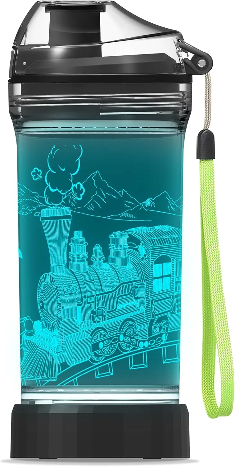Kids Water Bottle with Train Design 3D Glowing LED Light-Tritan BPA Free,Perfect for Back-to-School Season, Girls, Boys, Kids, Holiday Camping, Picnic Gifts - 14 oz Travel Mug