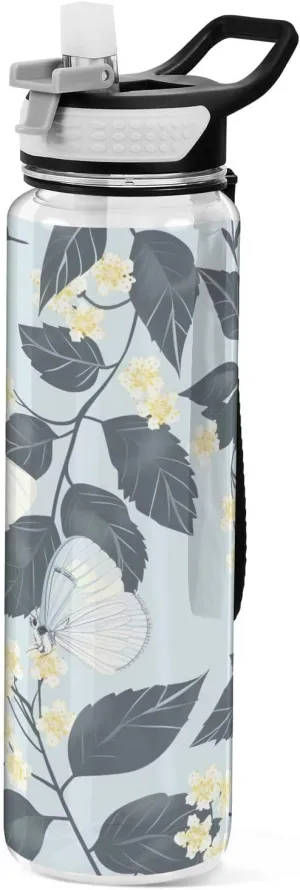 Kigai Transparent Sports Water Bottle 32oz, Butterflies Flowers Leakproof Wide Mouth Water Bottle with Straw, BPA Free Water Jug with Detachable Strap & Handle for Fitness Gym Outdoor