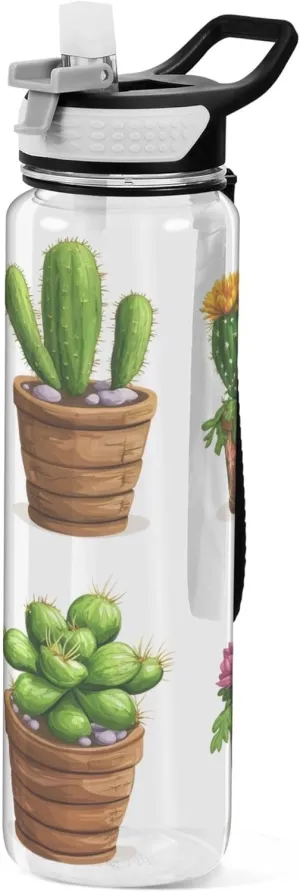 Kigai Transparent Sports Water Bottle 32oz, Cactus Leakproof Wide Mouth Water Bottle with Straw, BPA Free Water Jug with Detachable Strap & Handle for Fitness Gym Outdoor
