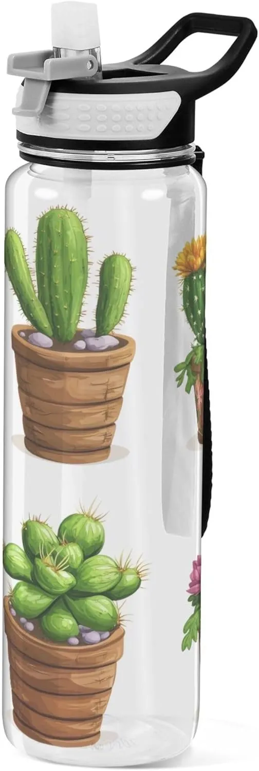 Kigai Transparent Sports Water Bottle 32oz, Cactus Leakproof Wide Mouth Water Bottle with Straw, BPA Free Water Jug with Detachable Strap & Handle for Fitness Gym Outdoor