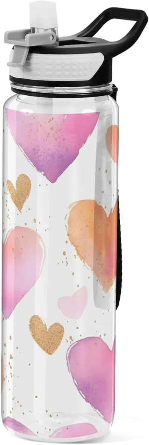 Kigai Transparent Sports Water Bottle 32oz, Cute Hearts Leakproof Wide Mouth Water Bottle with Straw, BPA Free Water Jug with Detachable Strap & Handle for Fitness Gym Outdoor