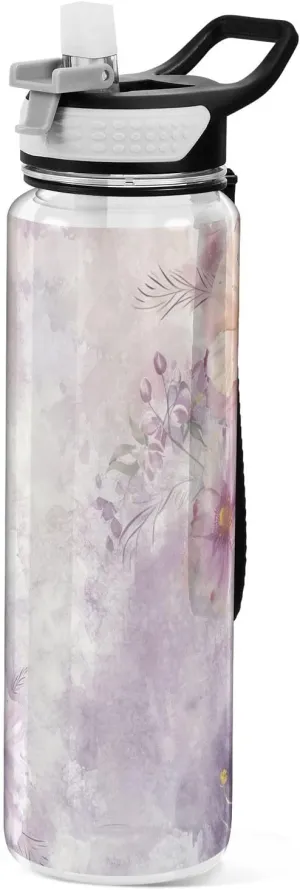 Kigai Transparent Sports Water Bottle 32oz, Delicate Flowers Leakproof Wide Mouth Water Bottle with Straw, BPA Free Water Jug with Detachable Strap & Handle for Fitness Gym Outdoor