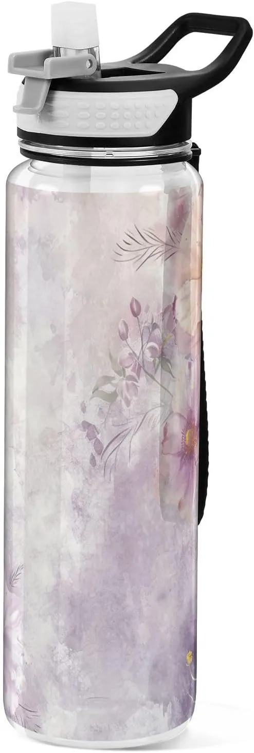 Kigai Transparent Sports Water Bottle 32oz, Delicate Flowers Leakproof Wide Mouth Water Bottle with Straw, BPA Free Water Jug with Detachable Strap & Handle for Fitness Gym Outdoor