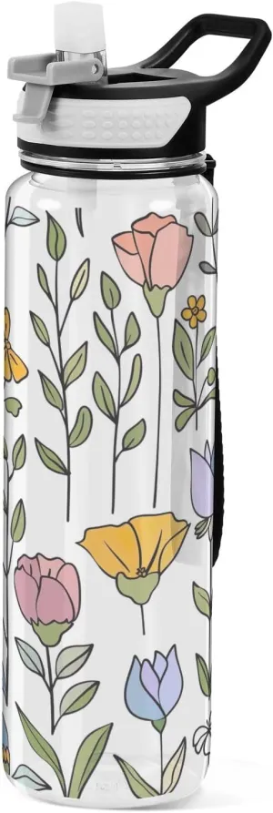Kigai Transparent Sports Water Bottle 32oz, Doodle Flowers Leakproof Wide Mouth Water Bottle with Straw, BPA Free Water Jug with Detachable Strap & Handle for Fitness Gym Outdoor
