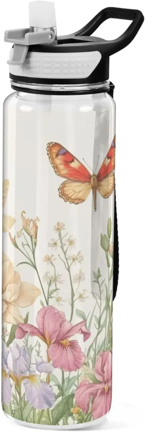 Kigai Transparent Sports Water Bottle 32oz, Flowers Butterflies Leakproof Wide Mouth Water Bottle with Straw, BPA Free Water Jug with Detachable Strap & Handle for Fitness Gym Outdoor
