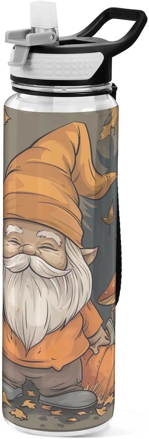 Kigai Transparent Sports Water Bottle 32oz, Gnomes Pumpkins Leakproof Wide Mouth Water Bottle with Straw, BPA Free Water Jug with Detachable Strap & Handle for Fitness Gym Outdoor