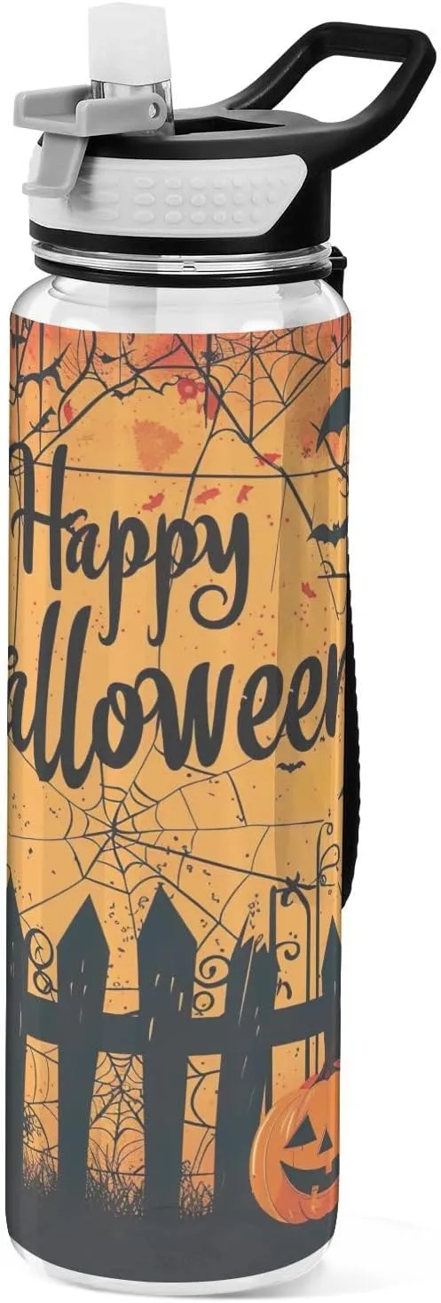 Kigai Transparent Sports Water Bottle 32oz, Happy Halloween Leakproof Wide Mouth Water Bottle with Straw, BPA Free Water Jug with Detachable Strap & Handle for Fitness Gym Outdoor