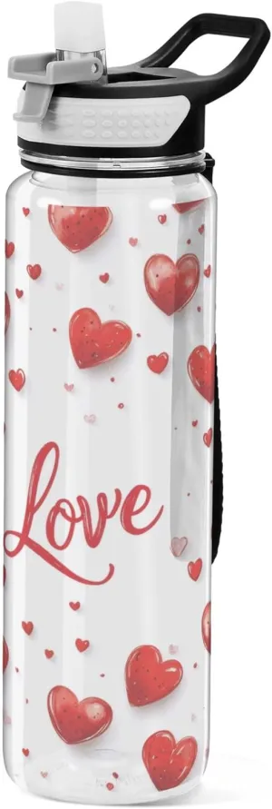 Kigai Transparent Sports Water Bottle 32oz, Love Hearts Leakproof Wide Mouth Water Bottle with Straw, BPA Free Water Jug with Detachable Strap & Handle for Fitness Gym Outdoor