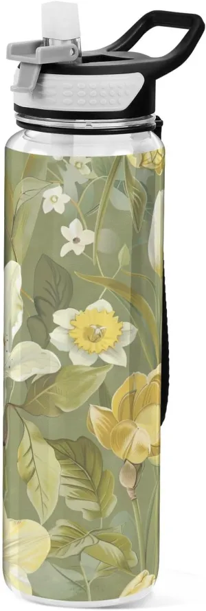 Kigai Transparent Sports Water Bottle 32oz, Magnolias Tulips Leakproof Wide Mouth Water Bottle with Straw, BPA Free Water Jug with Detachable Strap & Handle for Fitness Gym Outdoor