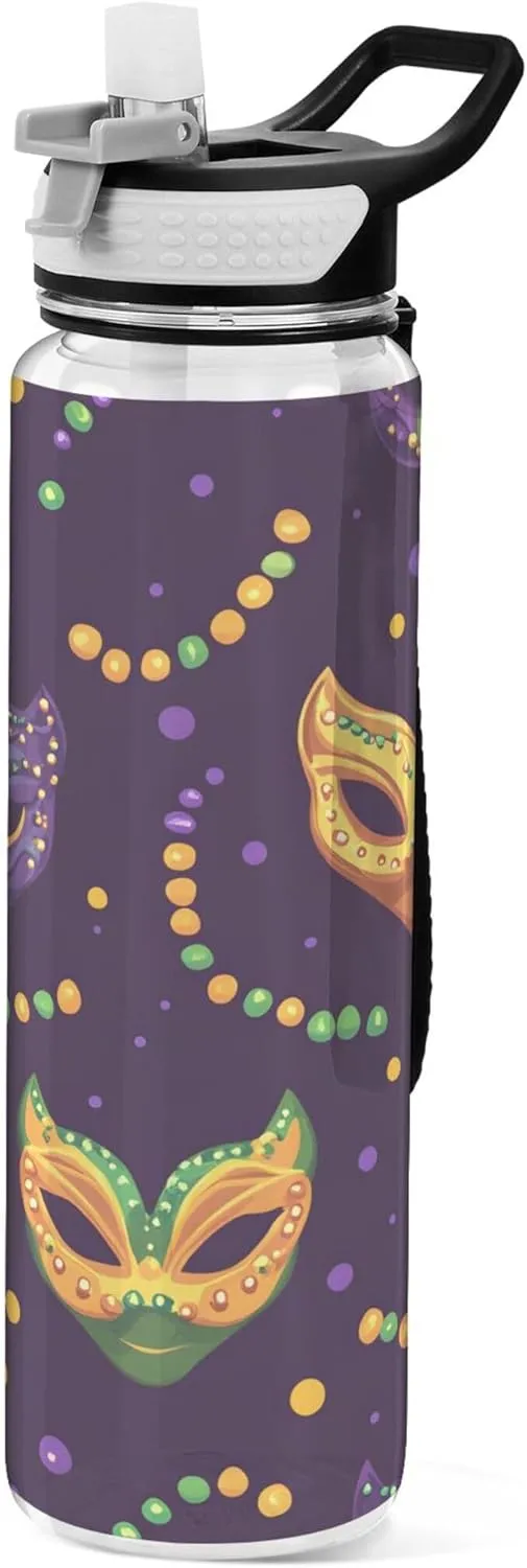Kigai Transparent Sports Water Bottle 32oz, Mardi Gras Colorful Masks and Beads Leakproof Wide Mouth Water Bottle with Straw, BPA Free Water Jug with Detachable Strap & Handle for Fitness Gym Outdoor
