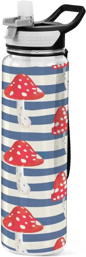 Kigai Transparent Sports Water Bottle 32oz, Red Mushrooms on Stripe Leakproof Wide Mouth Water Bottle with Straw, BPA Free Water Jug with Detachable Strap & Handle for Fitness Gym Outdoor