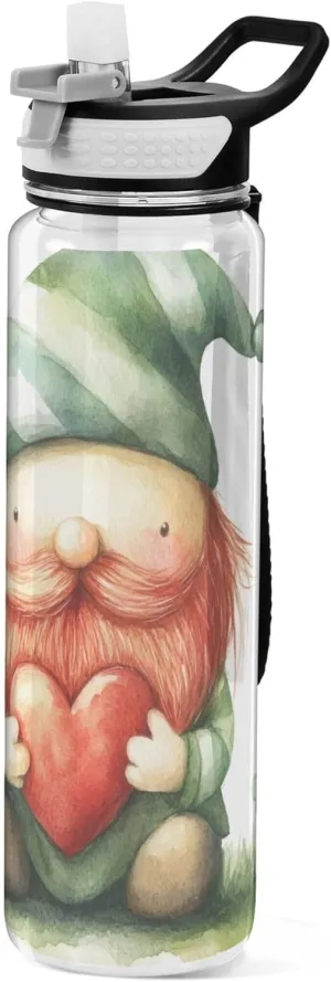 Kigai Transparent Sports Water Bottle 32oz, St. Patrick Gnome Leakproof Wide Mouth Water Bottle with Straw, BPA Free Water Jug with Detachable Strap & Handle for Fitness Gym Outdoor