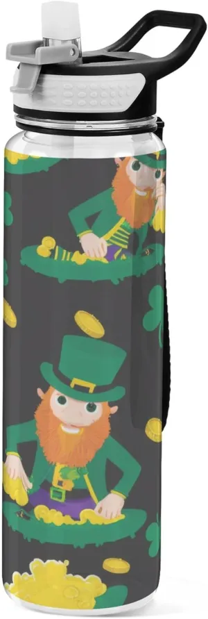 Kigai Transparent Sports Water Bottle 32oz, St. Patrick Gnomes Leakproof Wide Mouth Water Bottle with Straw, BPA Free Water Jug with Detachable Strap & Handle for Fitness Gym Outdoor