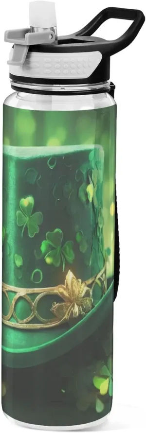 Kigai Transparent Sports Water Bottle 32oz, St. Patrick Hat Leakproof Wide Mouth Water Bottle with Straw, BPA Free Water Jug with Detachable Strap & Handle for Fitness Gym Outdoor