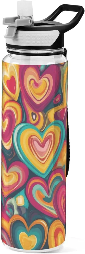 Kigai Transparent Sports Water Bottle 32oz, Valentine Abstract Heart Leakproof Wide Mouth Water Bottle with Straw, BPA Free Water Jug with Detachable Strap & Handle for Fitness Gym Outdoor