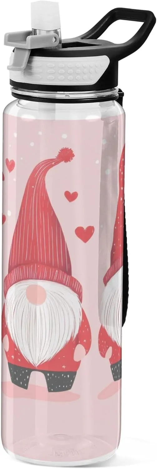 Kigai Transparent Sports Water Bottle 32oz, Valentine Gnomes Leakproof Wide Mouth Water Bottle with Straw, BPA Free Water Jug with Detachable Strap & Handle for Fitness Gym Outdoor