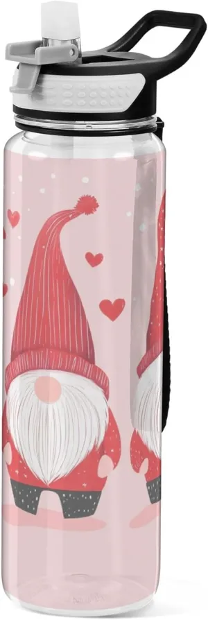 Kigai Transparent Sports Water Bottle 32oz, Valentine Gnomes Leakproof Wide Mouth Water Bottle with Straw, BPA Free Water Jug with Detachable Strap & Handle for Fitness Gym Outdoor
