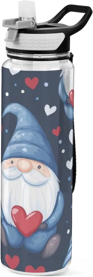 Kigai Transparent Sports Water Bottle 32oz, Valentine Gnomes Leakproof Wide Mouth Water Bottle with Straw, BPA Free Water Jug with Detachable Strap & Handle for Fitness Gym Outdoor