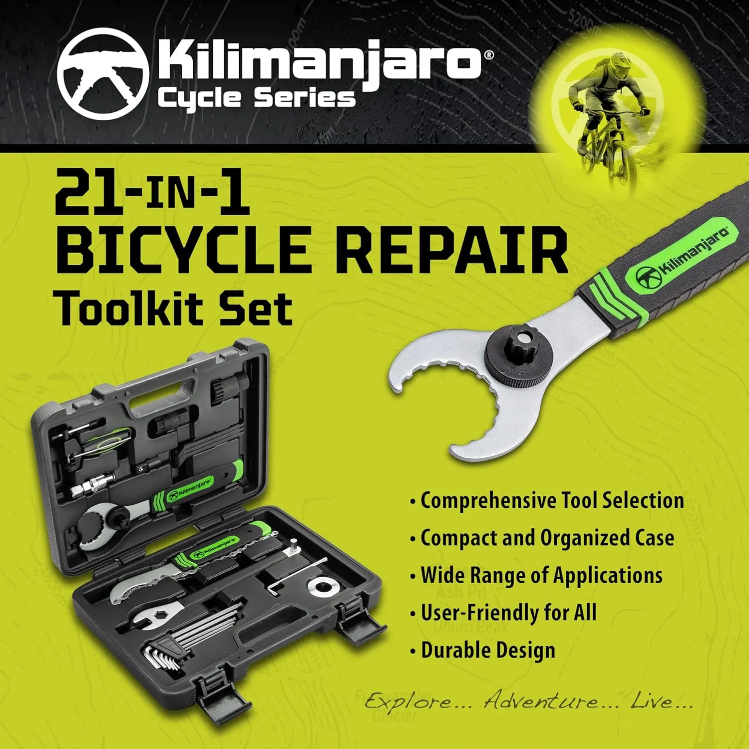 Kilimanjaro Cycle Series 21 Piece Bicycle Repair Tool Kit Set, Spoke Wrench, Tire Levers, Hex Keys, Pedal Spanner, Chain Tools - 910532ECE