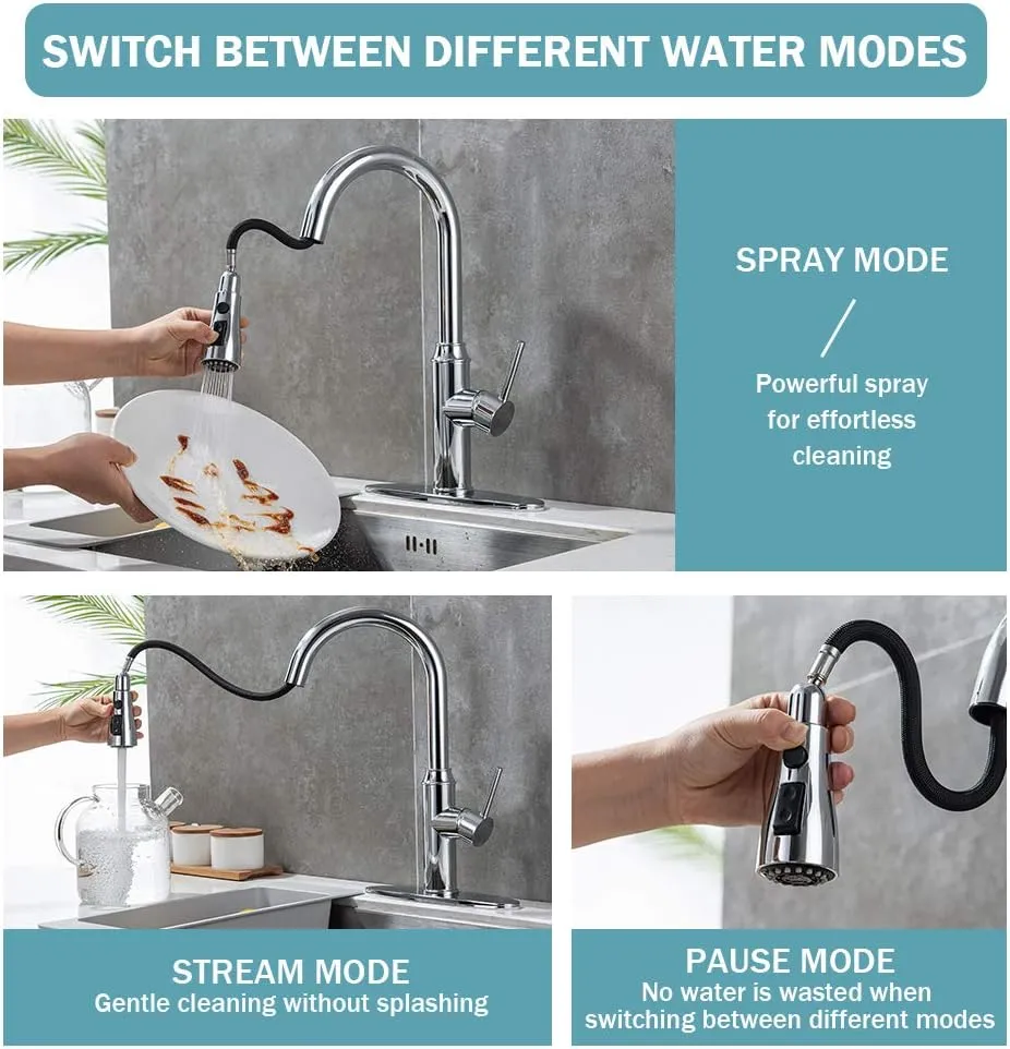 Kitchen faucets with Pull Down Sprayer, faucets for Kitchen Sinks Chrome Kitchen Faucet Stainless Steel Single Handle 1 or 3 Hole with Escutcheon