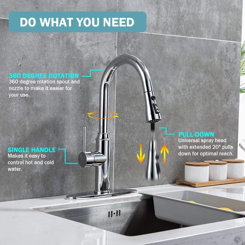 Kitchen faucets with Pull Down Sprayer, faucets for Kitchen Sinks Chrome Kitchen Faucet Stainless Steel Single Handle 1 or 3 Hole with Escutcheon