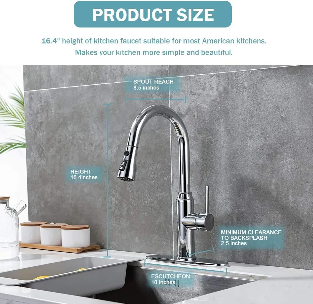 Kitchen faucets with Pull Down Sprayer, faucets for Kitchen Sinks Chrome Kitchen Faucet Stainless Steel Single Handle 1 or 3 Hole with Escutcheon