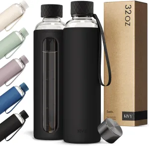 KIVY Glass Water Bottle with Silicone Sleeve 32 oz [WITH MEASUREMENT] - Borosilicate Glass Water Bottle Screw Top - Black Waterbottle Aesthetic - Clear Bottles with Measurement Marking