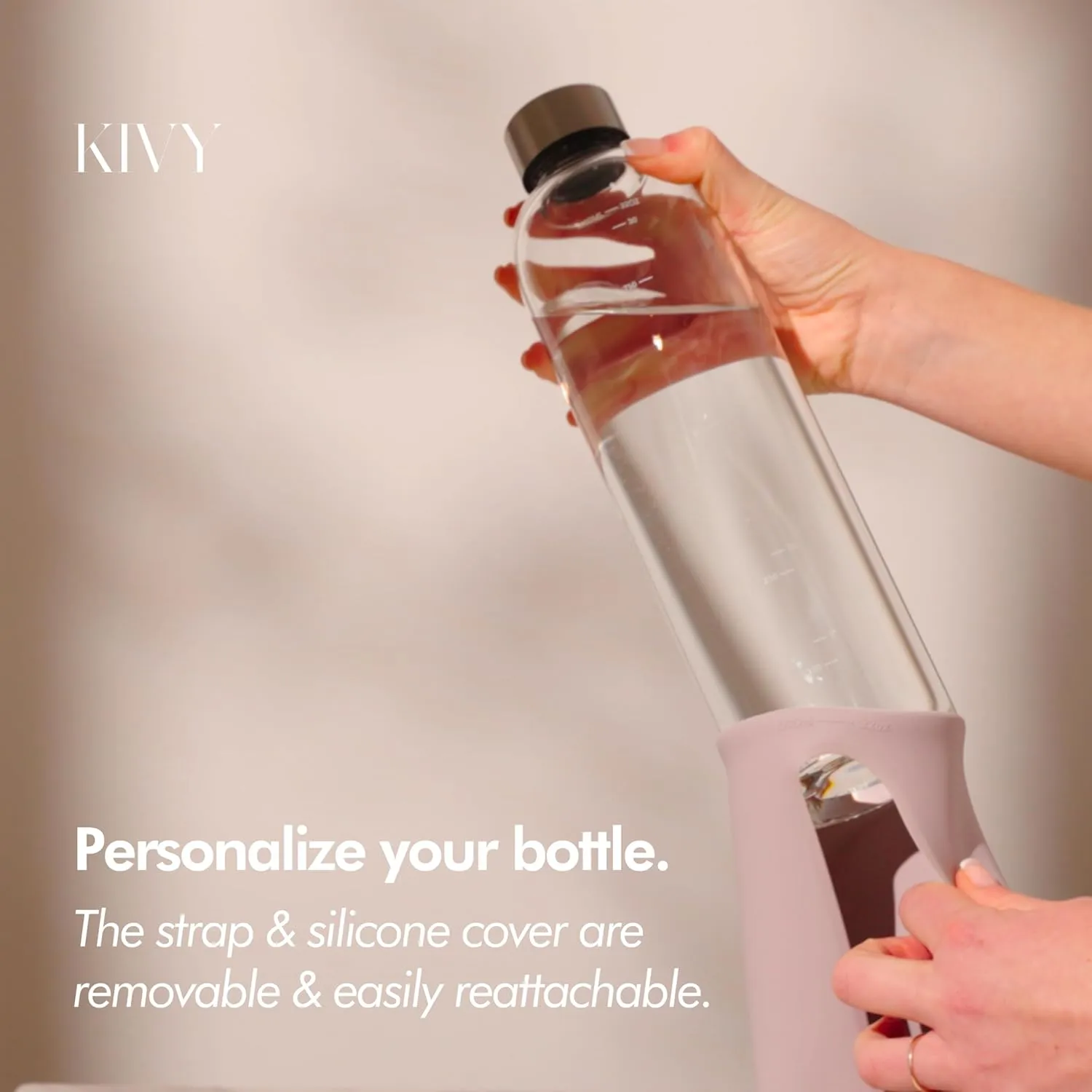 KIVY Glass Water Bottle with Silicone Sleeve 32 oz [WITH MEASUREMENT] - Borosilicate Glass Water Bottle Screw Top - Clear Bottles with Measurement Marking - Slim Waterbottle Aesthetic - Blue