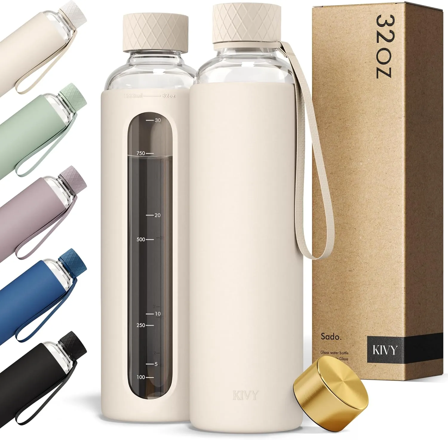 KIVY Glass Water Bottle with Silicone Sleeve 32 oz [WITH MEASUREMENT] - Borosilicate Glass Water Bottle Screw Top - Clear Bottles with Measurement Marking - Slim Waterbottle Aesthetic - Cream White