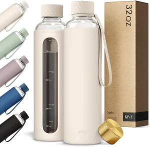 KIVY Glass Water Bottle with Silicone Sleeve 32 oz [WITH MEASUREMENT] - Borosilicate Glass Water Bottle Screw Top - Clear Bottles with Measurement Marking - Slim Waterbottle Aesthetic - Cream White