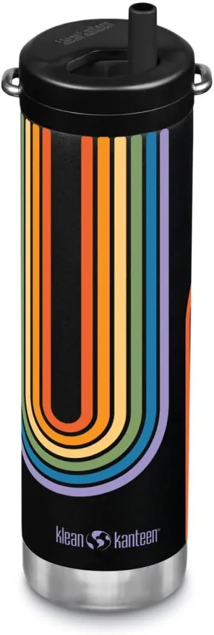 Klean Kanteen TKWide Insulated Water Bottle with Twist Cap - Reusable Travel Water Bottle with Stainless Steel Straw - Perfect for Sports & the Office - Rainbow Flow - Matte Black, 20 oz
