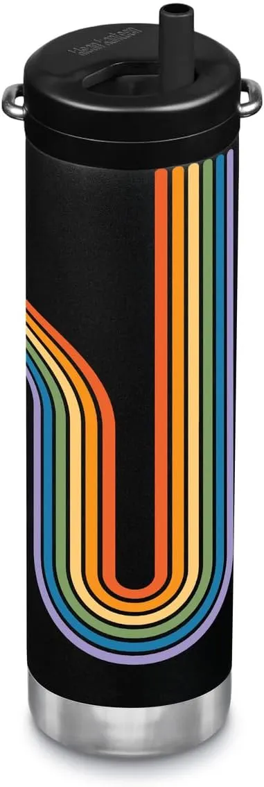 Klean Kanteen TKWide Insulated Water Bottle with Twist Cap - Reusable Travel Water Bottle with Stainless Steel Straw - Perfect for Sports & the Office - Rainbow Flow - Matte Black, 20 oz