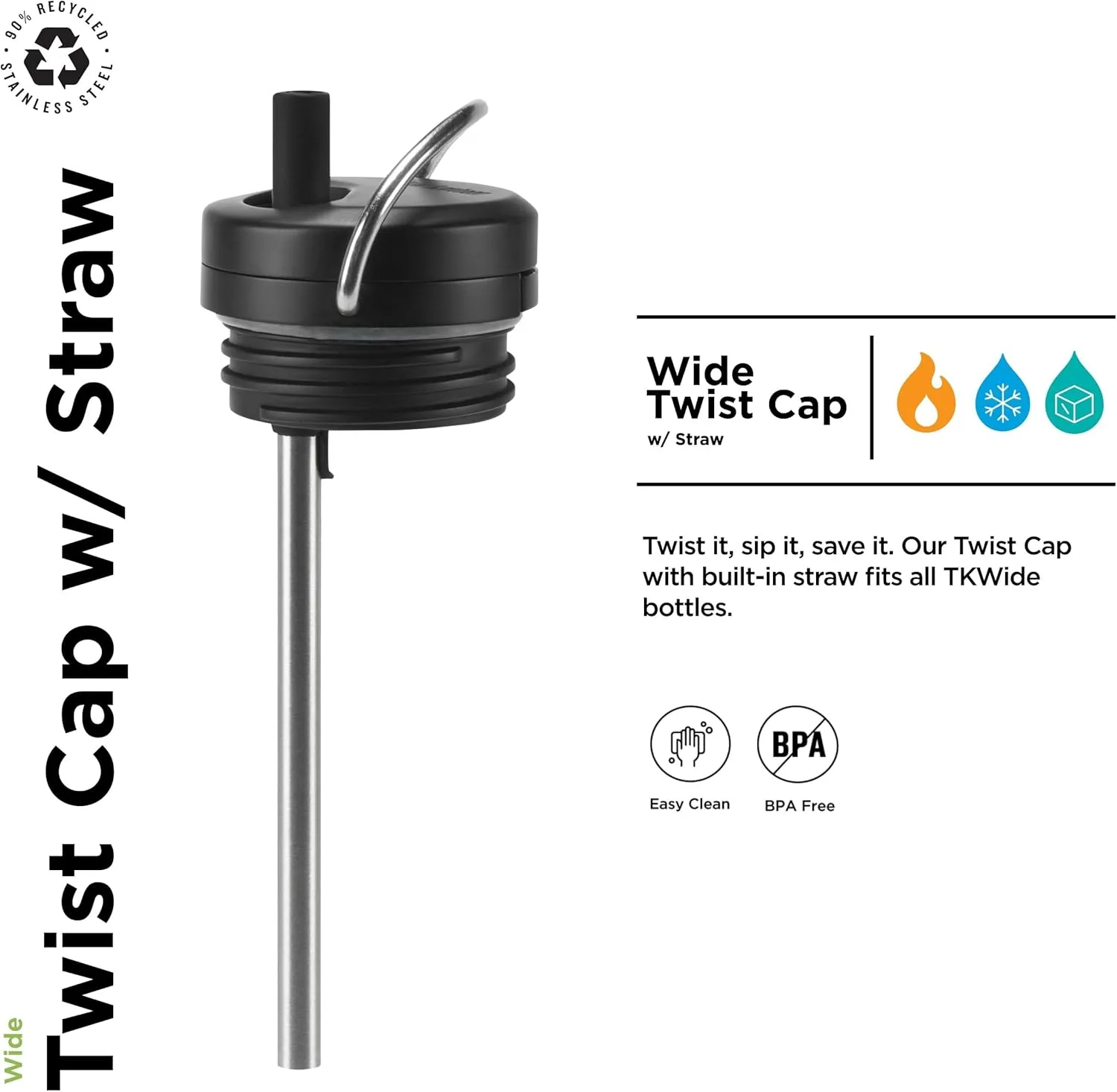 Klean Kanteen TKWide Twist Cap with Straw Kit - Reusable Straw Lid - Premium Water Bottle Accessories - Leak Proof & Dishwasher Safe