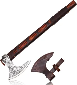 KnifeArt Viking Axe Carbon Steel Blade Viking Style with Leather Wrap, Length 22 inches(Brown), Camping Axe