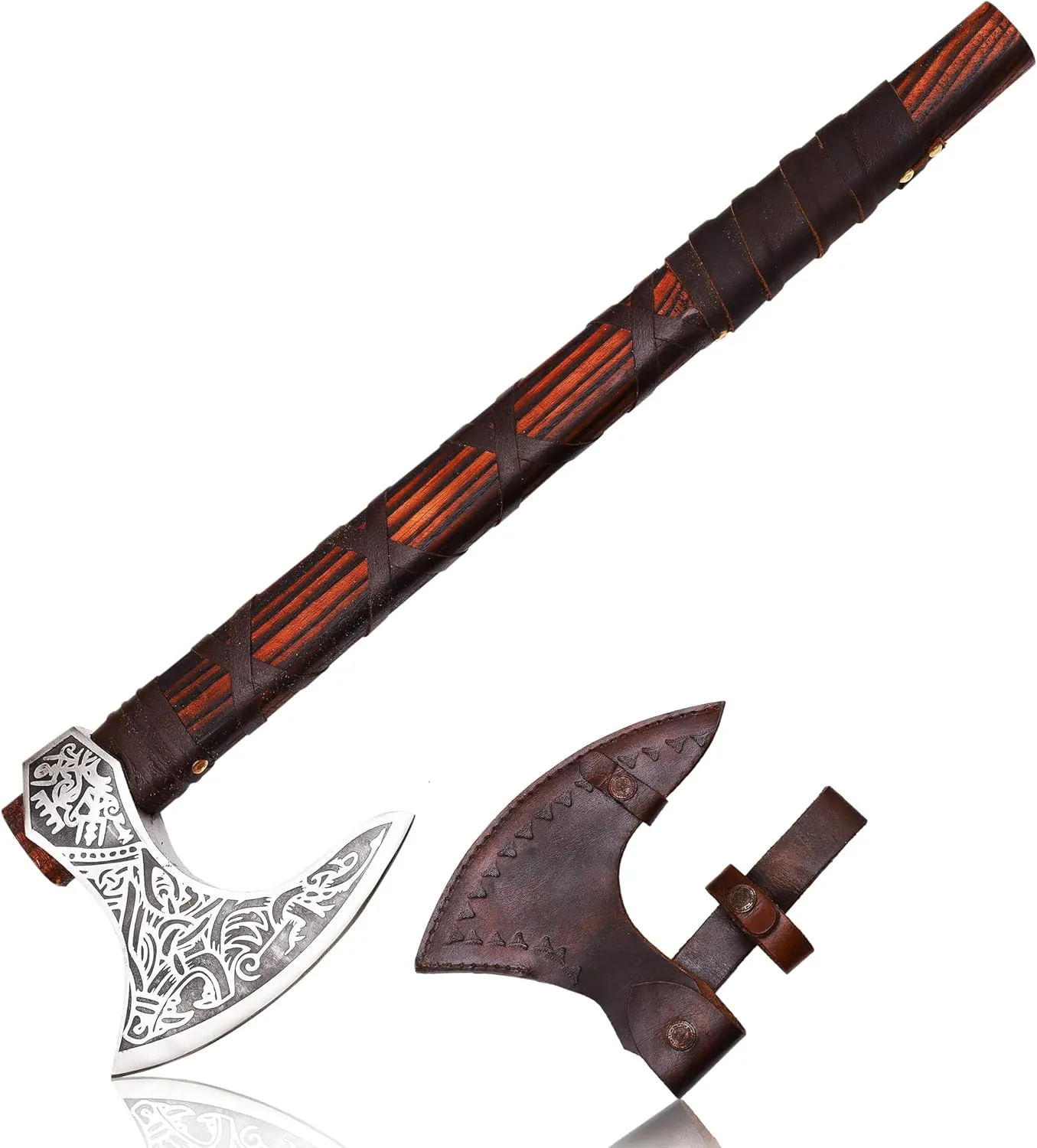 KnifeArt Viking Axe Carbon Steel Blade Viking Style with Leather Wrap, Length 22 inches(Brown), Camping Axe