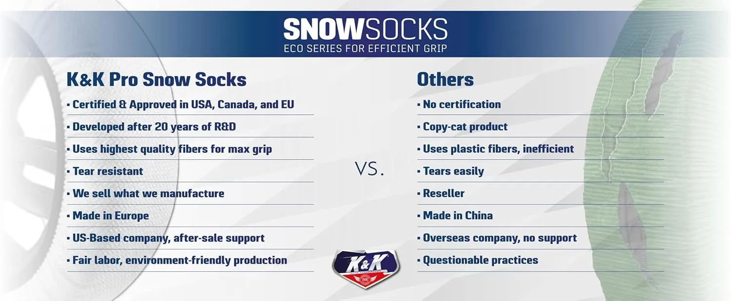 KNK Boutique Automotive Snow Socks for Tires - Eco Series for Efficient Grip Alternative for Tire Snow Chain - Snow Traction Device for Passenger Cars Trucks Winter Emergency Accessory (X-Large)
