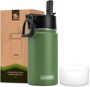 koodee 12 oz Water Bottle Stainless Steel Double Wall Vacuum Insulated Wide Mouth Water Flask with Straw Lid (Grass Green)