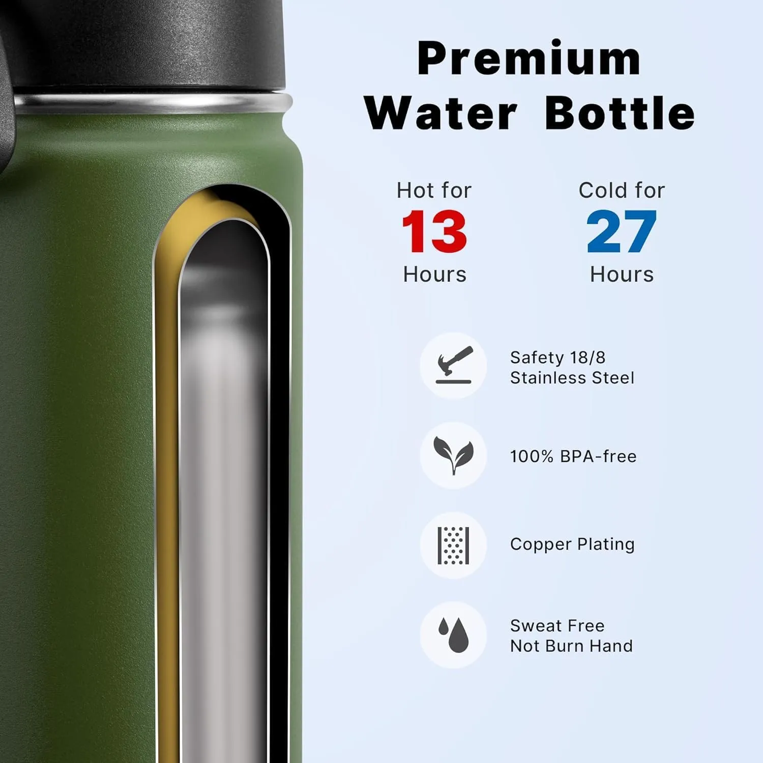 koodee 12 oz Water Bottle Stainless Steel Double Wall Vacuum Insulated Wide Mouth Water Flask with Straw Lid (Grass Green)