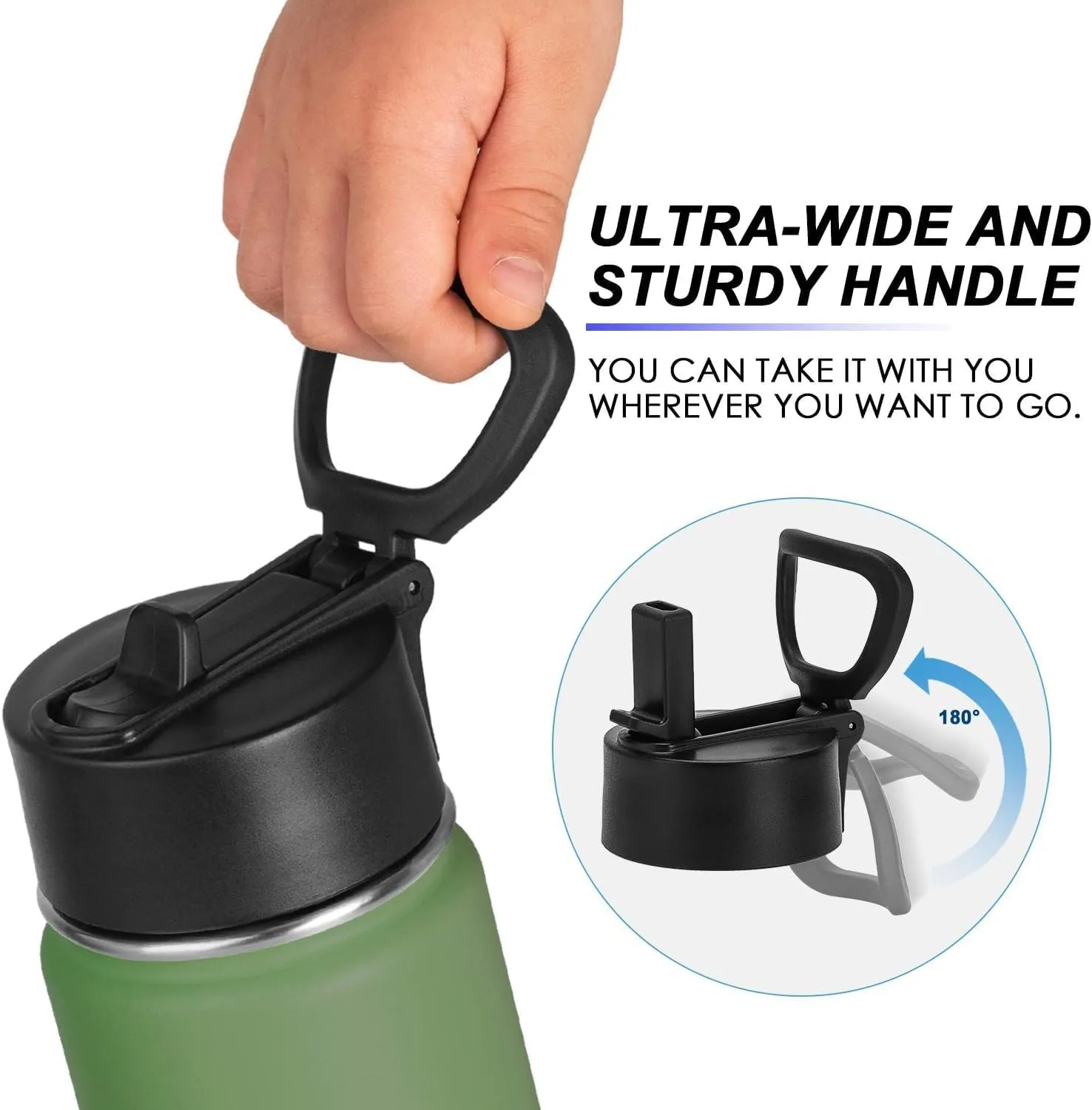 koodee 12 oz Water Bottle Stainless Steel Double Wall Vacuum Insulated Wide Mouth Water Flask with Straw Lid (Grass Green)