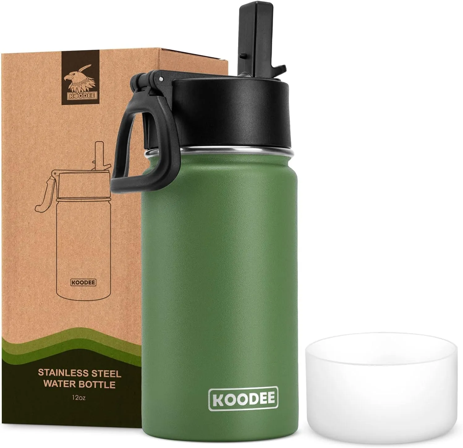 koodee 12 oz Water Bottle Stainless Steel Double Wall Vacuum Insulated Wide Mouth Water Flask with Straw Lid (Grass Green)
