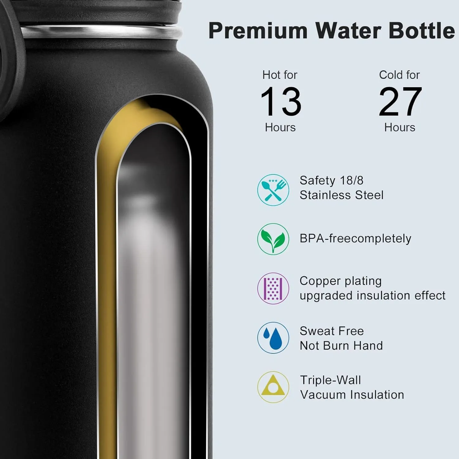 koodee Insulated Water Bottle, 32 oz Stainless Steel Double Wall Vacuum Wide Mouth Sport Bottle with Leakproof Spout Lid (Black)