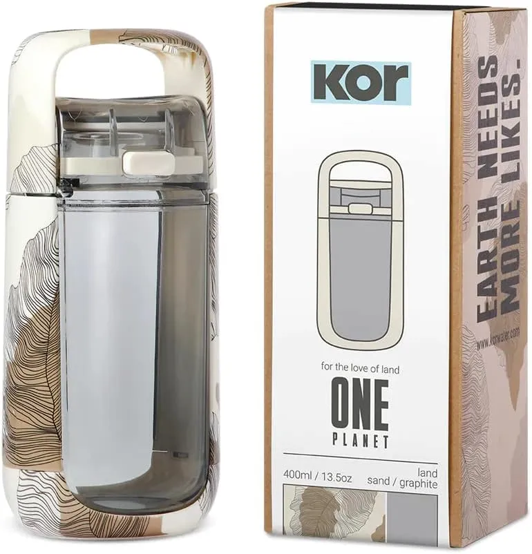 KOR One Planet 13.5oz Tritan Water Bottle with Lid Safety Lock, One Click Open Cap and Ergonomic Carry Handle - Features Unique Water-Dipped Designs Inspired by Nature