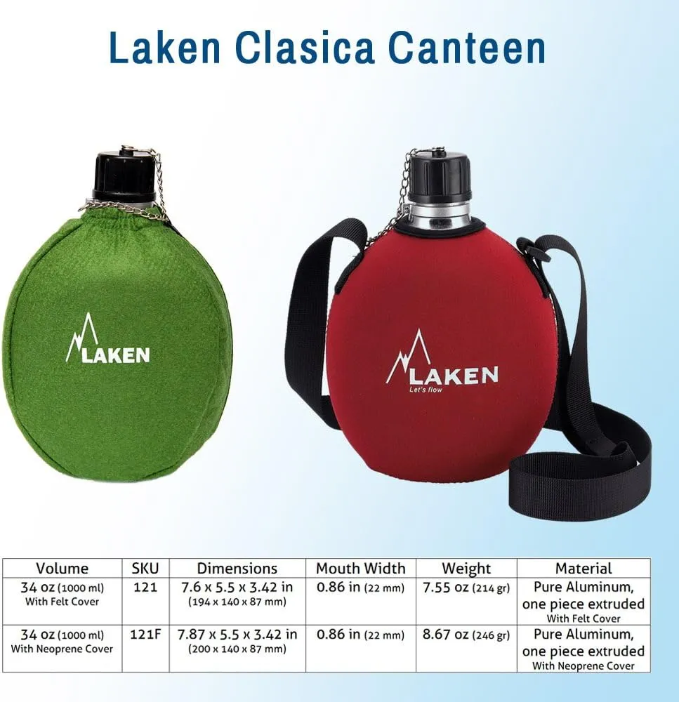 Laken Clasica 34oz Water Canteen, Aluminum Camping Bottle with Neoprene Pouch and Strap, Narrow Mouth, Leak Proof, BPA Free, Red