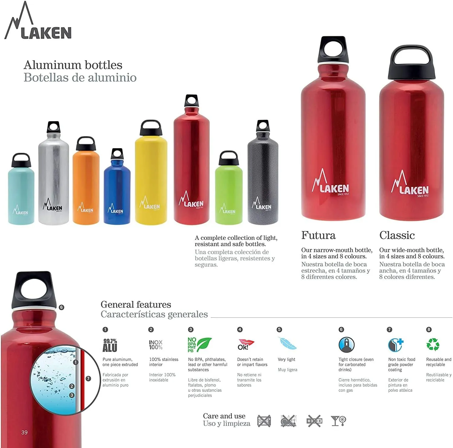 Laken Futura Aluminum Water Bottle - Narrow Mouth, Screw Cap with Loop - Leak-Proof, BPA Free, Made in Spain - 50 oz, Red