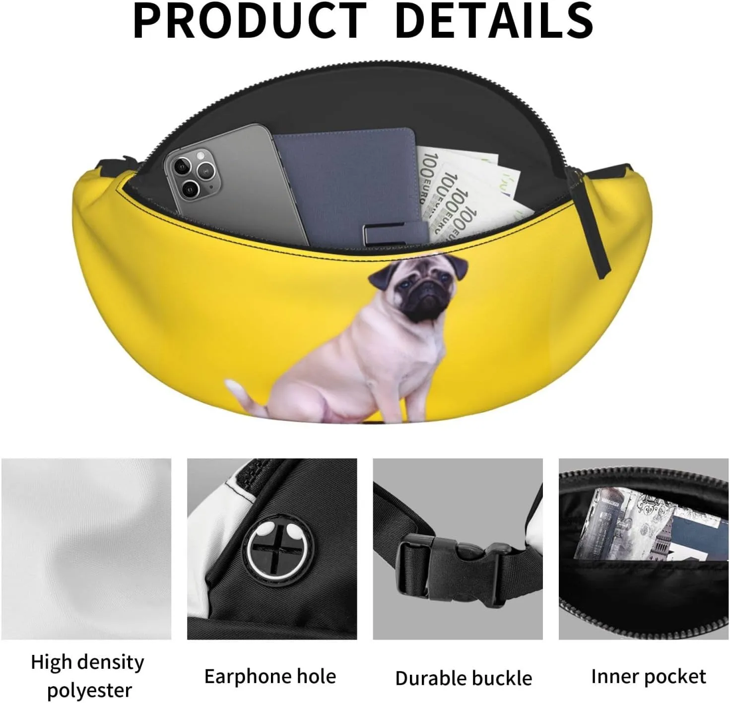 Large Bum Bag Cry Pug Waist Fanny Pack For Men Women,Bumbags With Headphone Jack And Zip Pockets Adjustable Belt For Sport Running Hiking Camping Workout Cycling