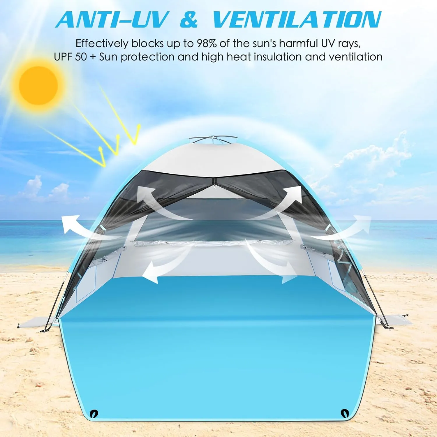 Large Easy Setup Beach Tent,Anti-UV Beach Shade Beach Canopy Tent Sun Shade with Extended Floor & 3 Mesh Roll Up Windows Fits 3-4 Person,Portable Shade Tent for Outdoor Camping Fishing