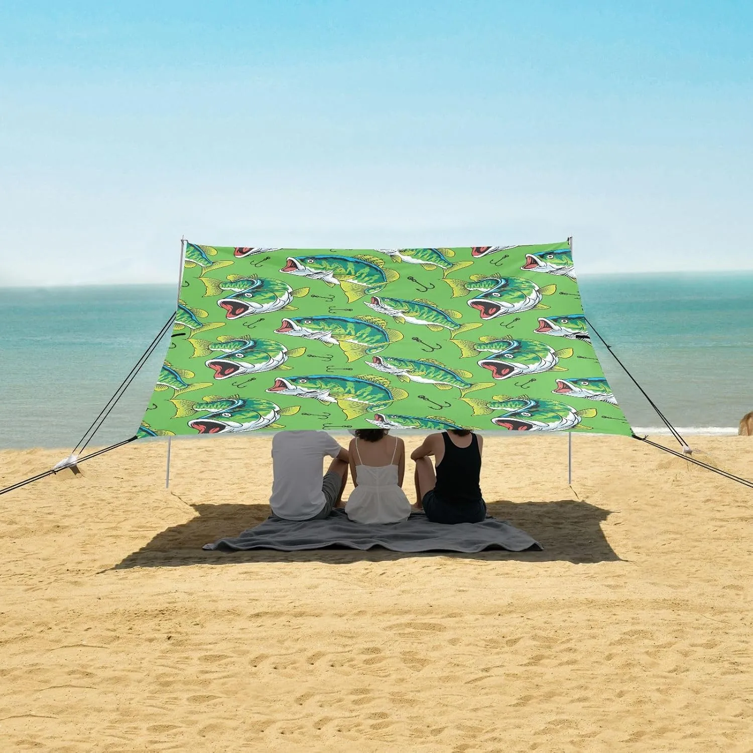 Large Mouth Green Bass Tuna Fish Beach Camping Tent Sun Shelter for Whole Family, Cartoon Bait Beach Shade Canopy with UPF50  UV Protection,Easy Set Up and Carry,Outdoor Shade for Trips, Fishi