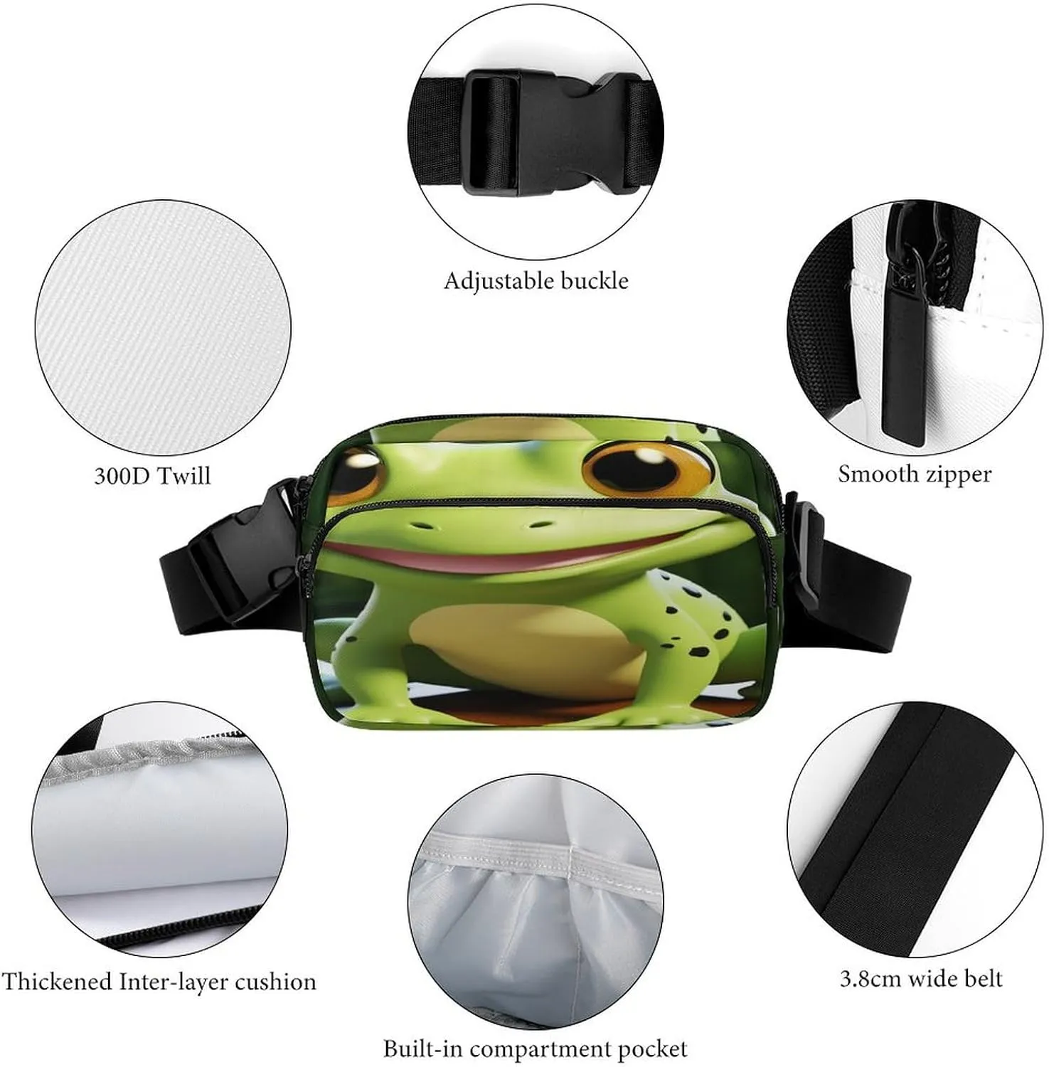 Large Waist Packs with Adjustable Strap,Cute Frog CrossBody Fanny Pack Casual Bag for Travel Sports Running Hiking