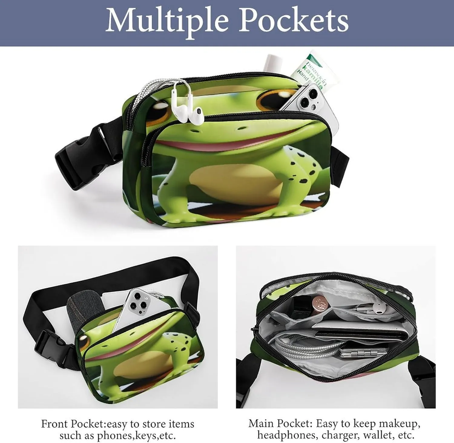 Large Waist Packs with Adjustable Strap,Cute Frog CrossBody Fanny Pack Casual Bag for Travel Sports Running Hiking