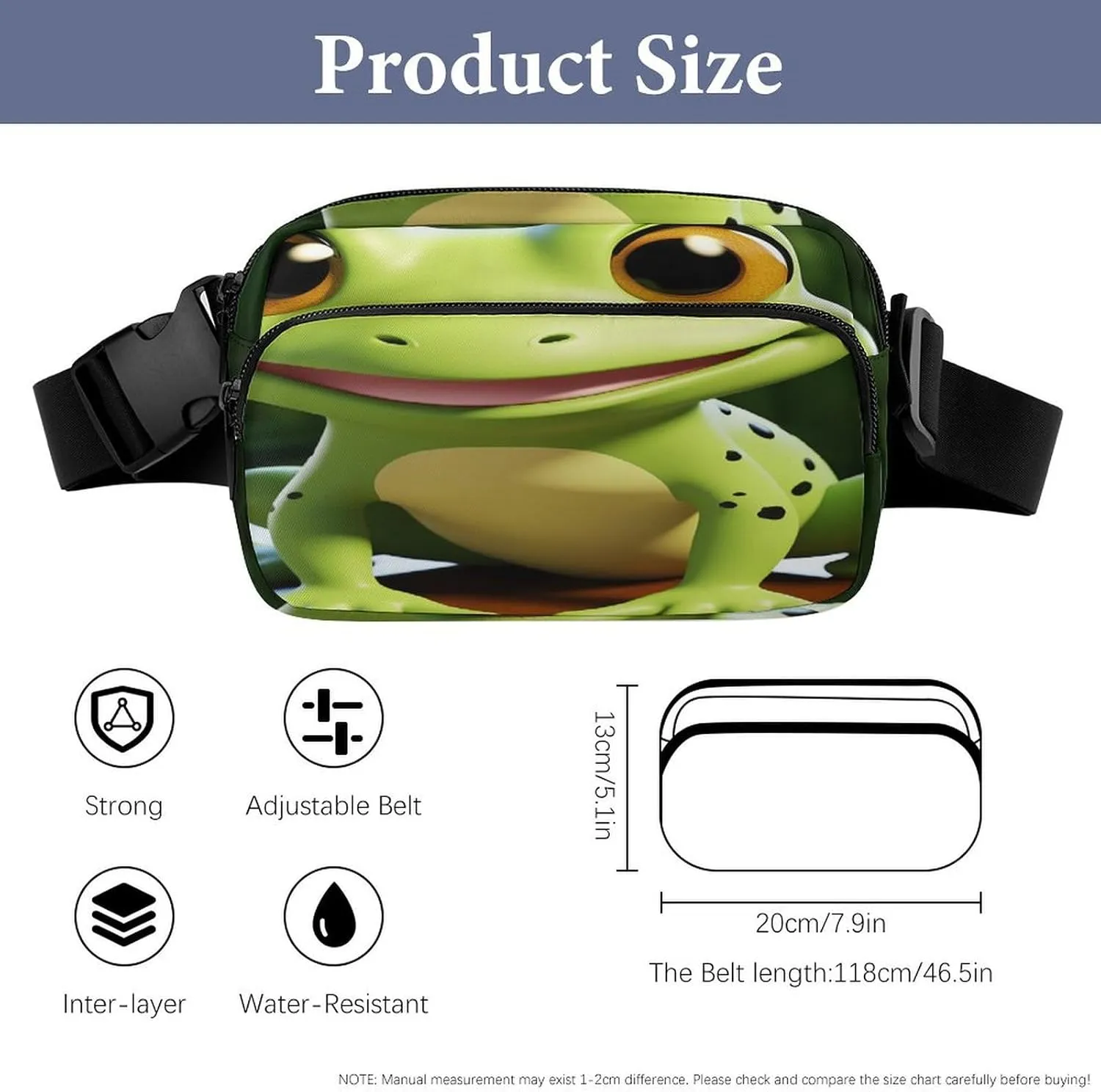 Large Waist Packs with Adjustable Strap,Cute Frog CrossBody Fanny Pack Casual Bag for Travel Sports Running Hiking